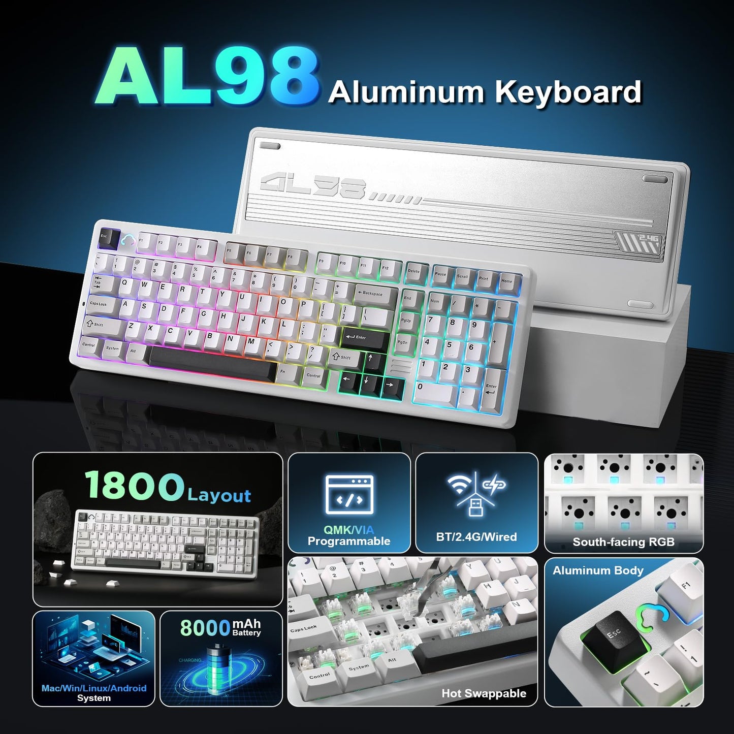 YUNZII AL98 QMK/VIA Wireless Mechanical Gaming Keyboard,Full Aluminum,BT/2.4G/USB-C, Pre-Lubed Hot Swappable Gasket Mount 1800 Layout,RGB Backlit for Win/Mac (White, Milk Switch)