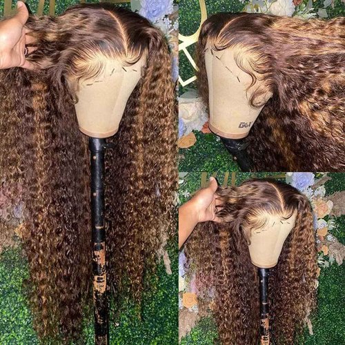 Peenoll Curly Human Hair Wig Omber T 27 Lace Frontal Closure Jerry Curly Human Hair Wig Pre Plucked Pre Cut Lace Frontal Closure Glueless Wigs Elastic Band 200% Density