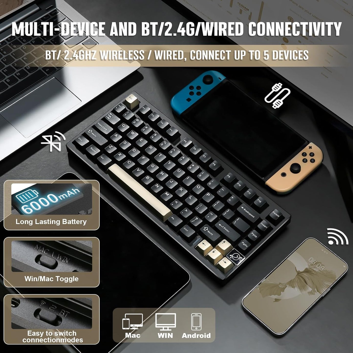 YUNZII AL75 PRO 75% Wireless Mechanical Gaming Keyboard,Full Aluminum CNC,BT/2.4G/Wired,PBT Keycaps,Gasket Mounted Hot Swap,Custom RGB Backlight, Programmable for Mac/Win (Silver, Blue Grey)