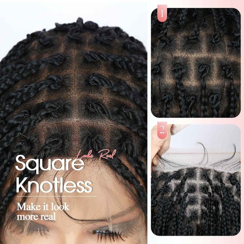 Fancy Hair Braided Wig Square Knotless Boho Box Braided Wigs with Curly Ends Full Double Lace Glueless Braids Wig with Baby Hair Synthetic Black Braided Wig for Black Women