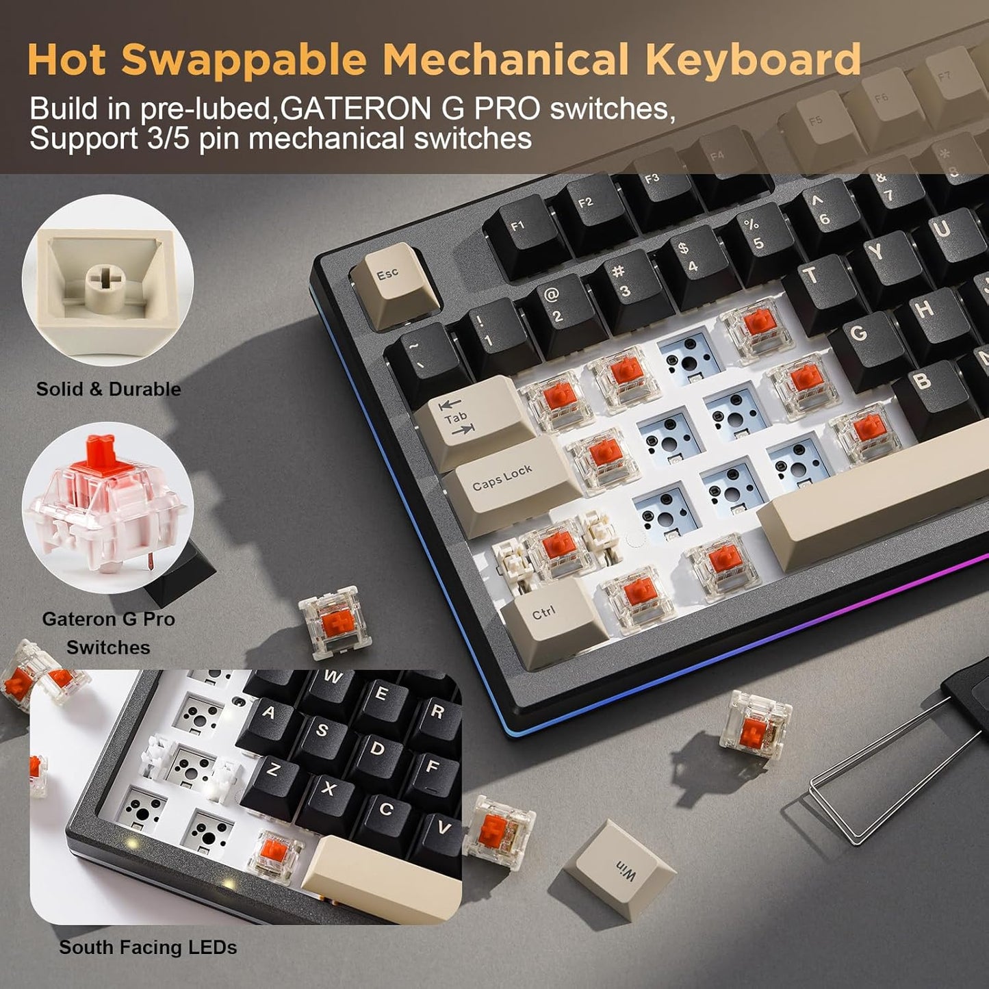 YUNZII YZ75 75% Hot Swappable Wireless Gaming Mechanical Keyboard, RGB Backlights, BT5.0/2.4G/USB-C, Dye Sub PBT Keycaps for Linux/Win/Mac(Gateron G Pro Black, White)