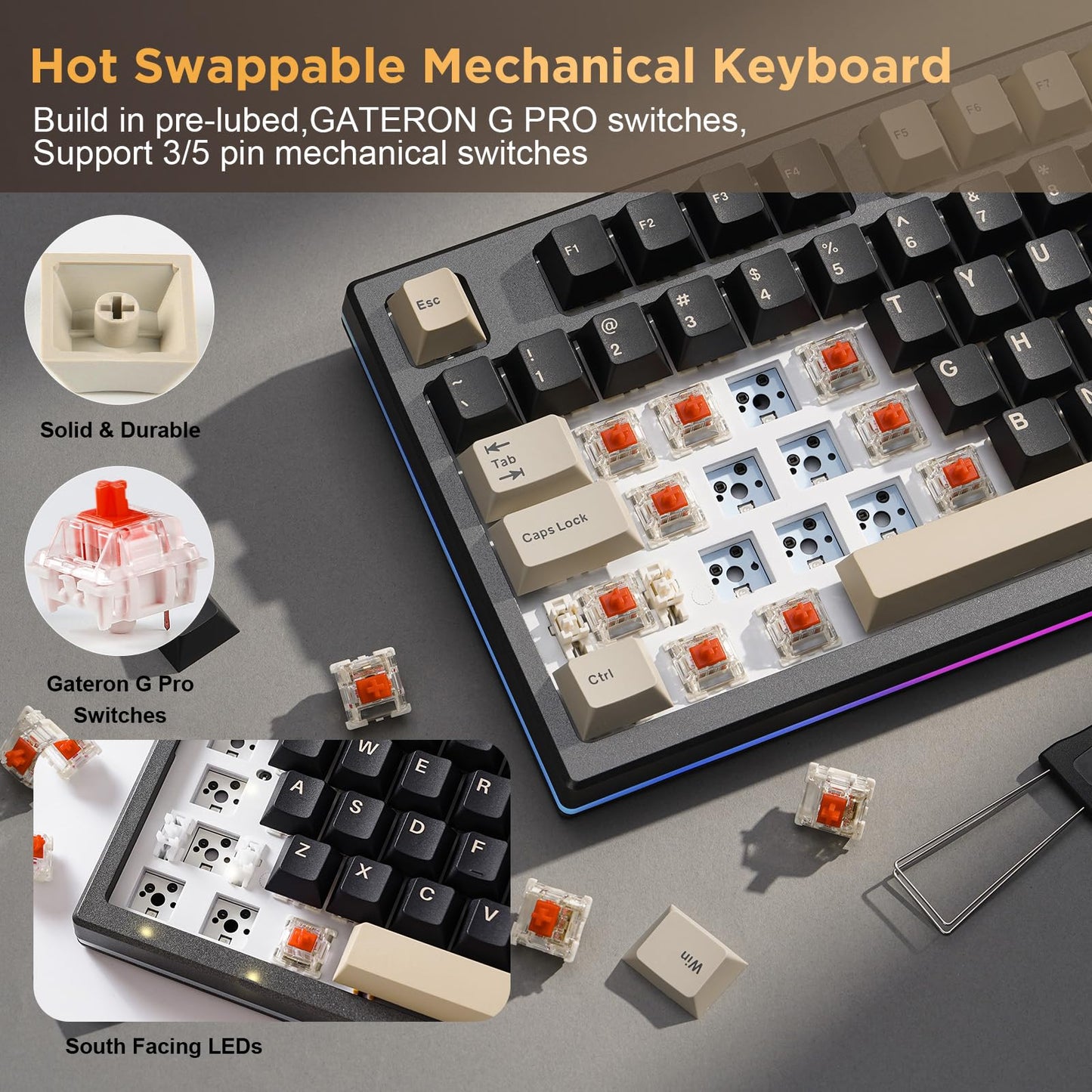 YUNZII YZ75 75% Hot Swappable Wireless Gaming Mechanical Keyboard, RGB Backlights, BT5.0/2.4G/USB-C, Dye Sub PBT Keycaps for Linux/Win/Mac(Gateron G Pro Yellow, Black)