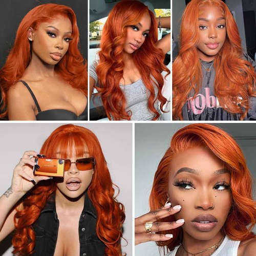 ALHER #350 Ginger Orange Body Wave 13x4 Lace Frontal Human Hair 18 Inch, Copper Orange Colored HD Transparent Lace Frontal Closure Ear to Ear 100% Virgin Remy Human Hair 150% Density