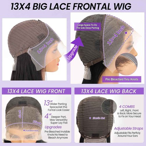 MUXFILLA 14 Inch Bob Wig Human Hair 13x4 HD Lace Front Wigs Pre Plucked Long Straight Hair Replacement Lace Frontal for Black Women 200% Density Glueless with Elastic Band, Nature Black