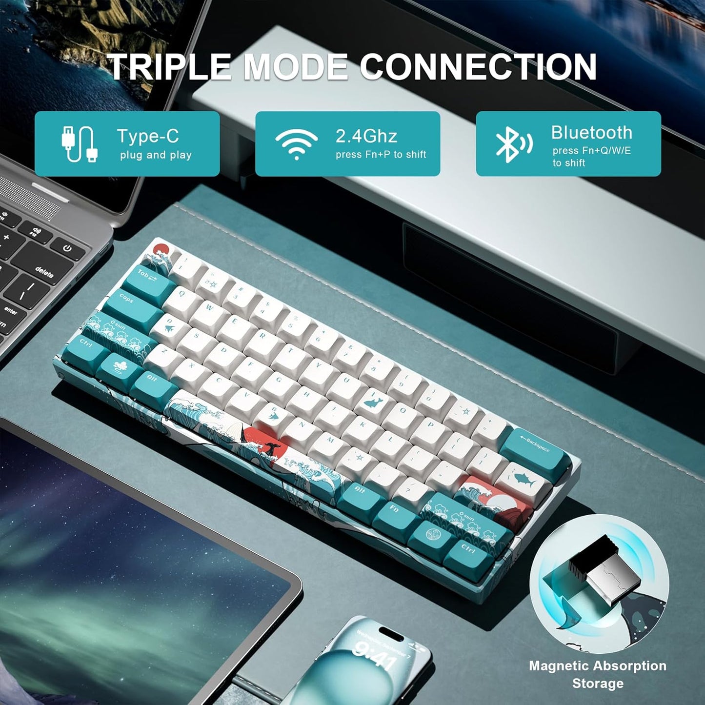 XVX 60% Gaming Keyboard, RGB 3-Modes Wireless Mechanical Keyboard, Mini 60 Percent Gamer Keyboard with Hot-Swappable Pre-lubed Linear Switch for Windows & Mac (Great Wave Off Kanagawa), M61 Pro