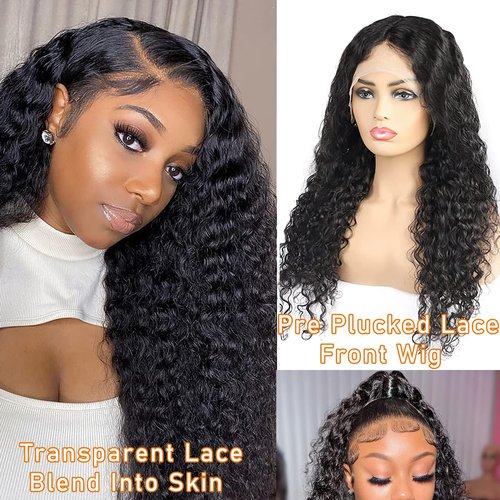 Edwad 13x4 Deep Wave Lace Front Wigs Human Hair Pre Plucked,180 Density HD Transparent Lace-100% Unprocessed Brazilian Virgin Human Hair for Black Women Natural Color
