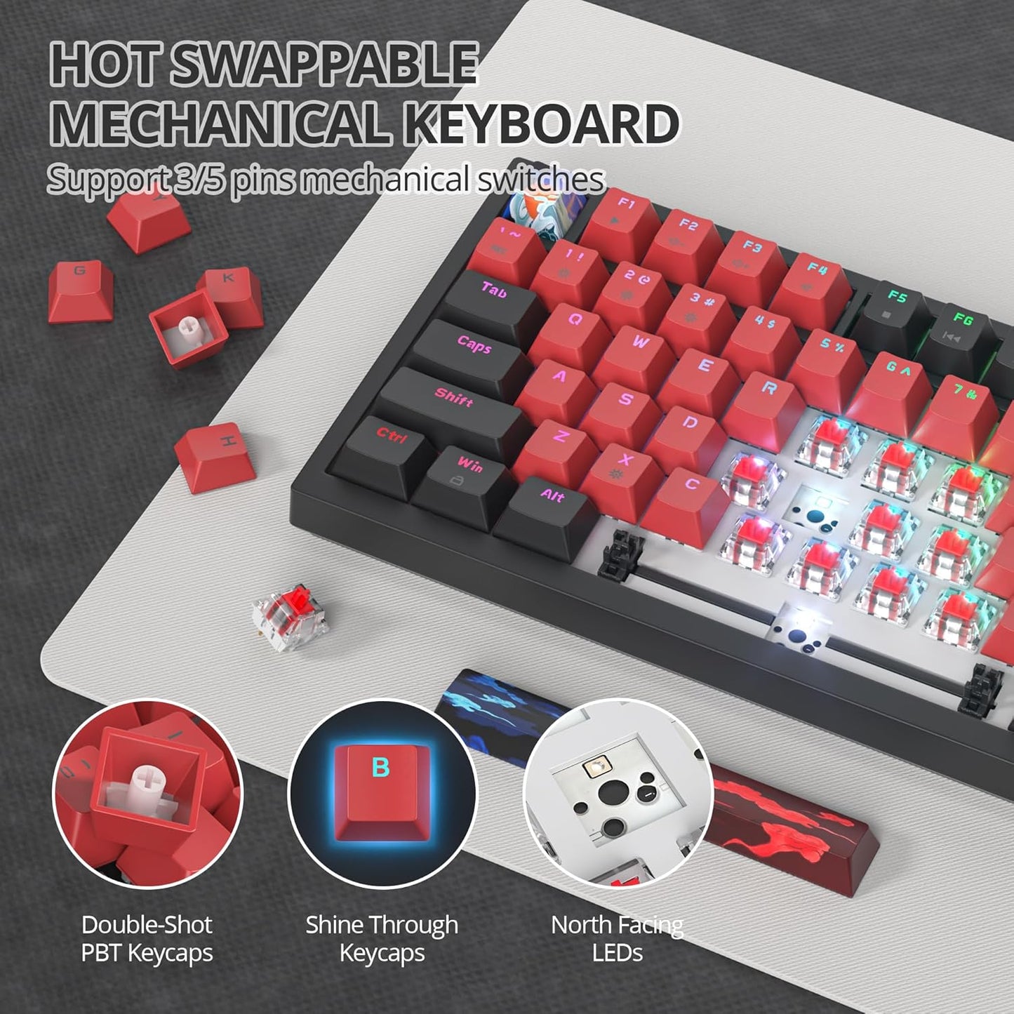 75% Mechanical Gaming Keyboard with Volumn Knob, Gasket Hot Swappable RGB, Wired, Red Switch, 82 Keys Compact Creamy (Black Grey)