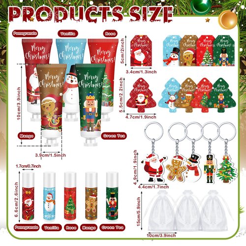 Henoyso 50 Set Christmas Hand Cream Bulk and Lip Balm Bulk Xmas Holiday Gifts Favors with Organza Bag Thank You Card and Acrylic Keychains Thank You Gift Set Bulk Christmas Stuffers Party Supplies