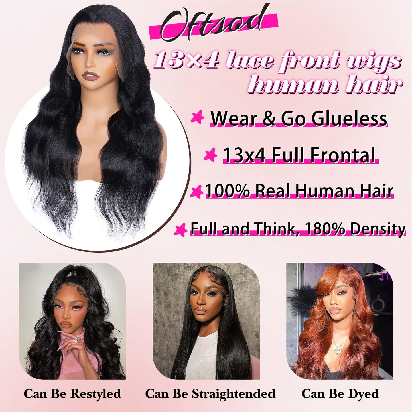 Oftsod 13x4 Lace Front Wigs Human Hair Pre Plucked 26 Inch Body Wave HD Lace Front Wigs Human Hair Natural Color 180% Density Glueless Wig 100% Virgin Human Hair with Baby Hair for Women