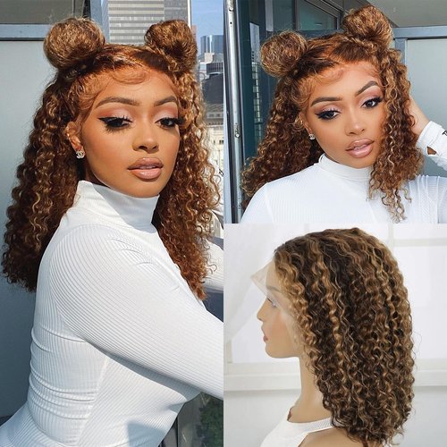 Harmsh Highlight Ombre 13x6 Lace Front Wig Human Hair 210 Density 12 Inch Deep Wave Honey Blonde Glueless HD Transparent Lace Frontal Wigs for Women