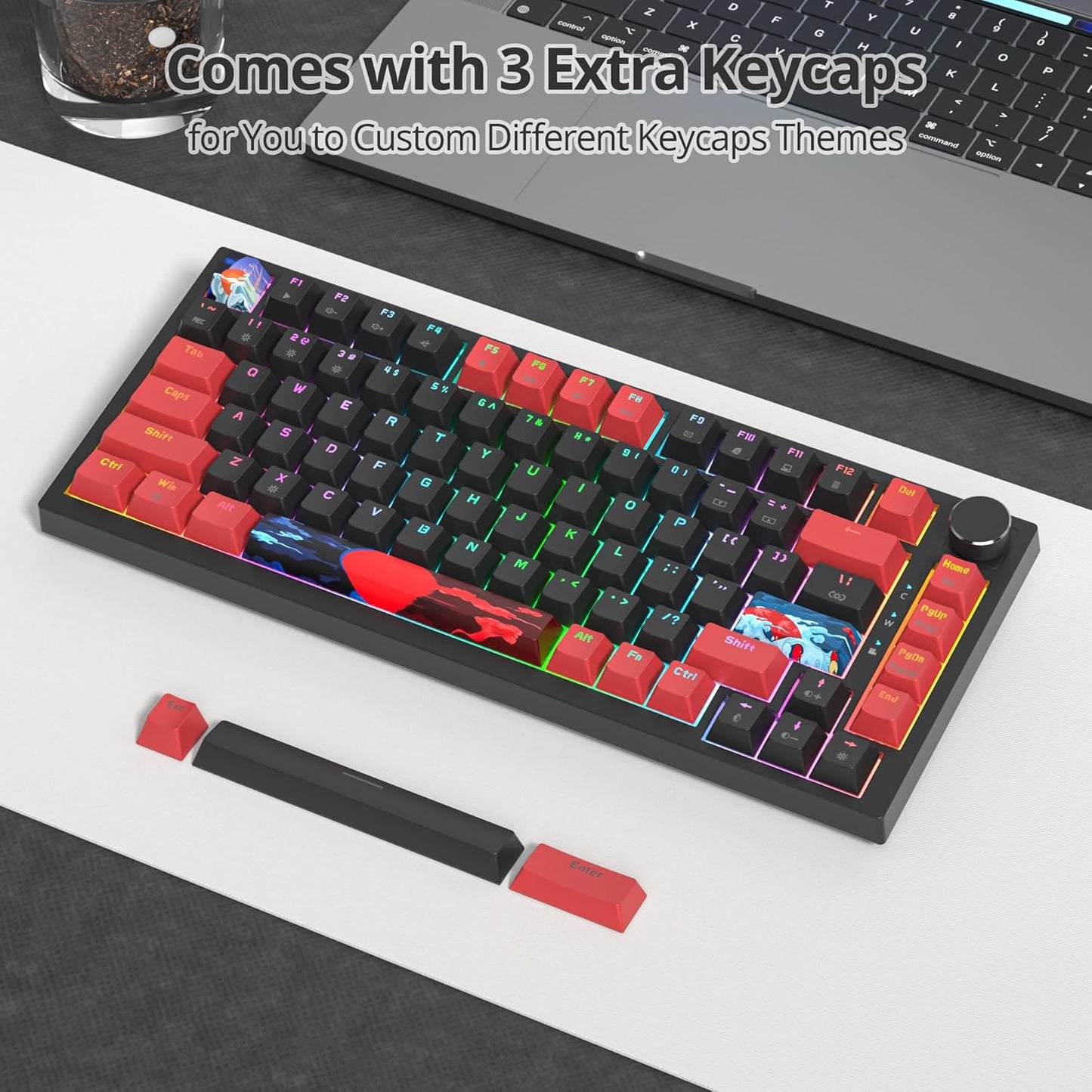 75% Mechanical Gaming Keyboard with Volumn Knob, Gasket Hot Swappable RGB, Wired, Red Switch, 82 Keys Compact Creamy (Black Grey)