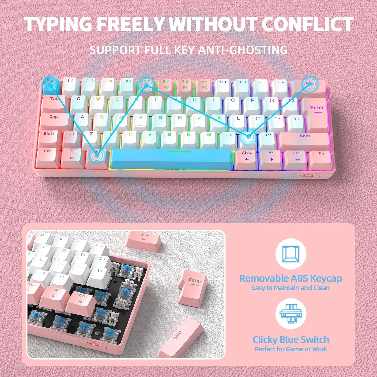 ZIYOU LANG T60 Wired 60% TKL Mechanical Gaming Keyboard with Led Rainbow Backlight Ultra-Compact NKRO Tactile Clicky Blue Switch Tri-Color ABS Keycap for Windows Laptop PC Mac Gamer(Pink/White)