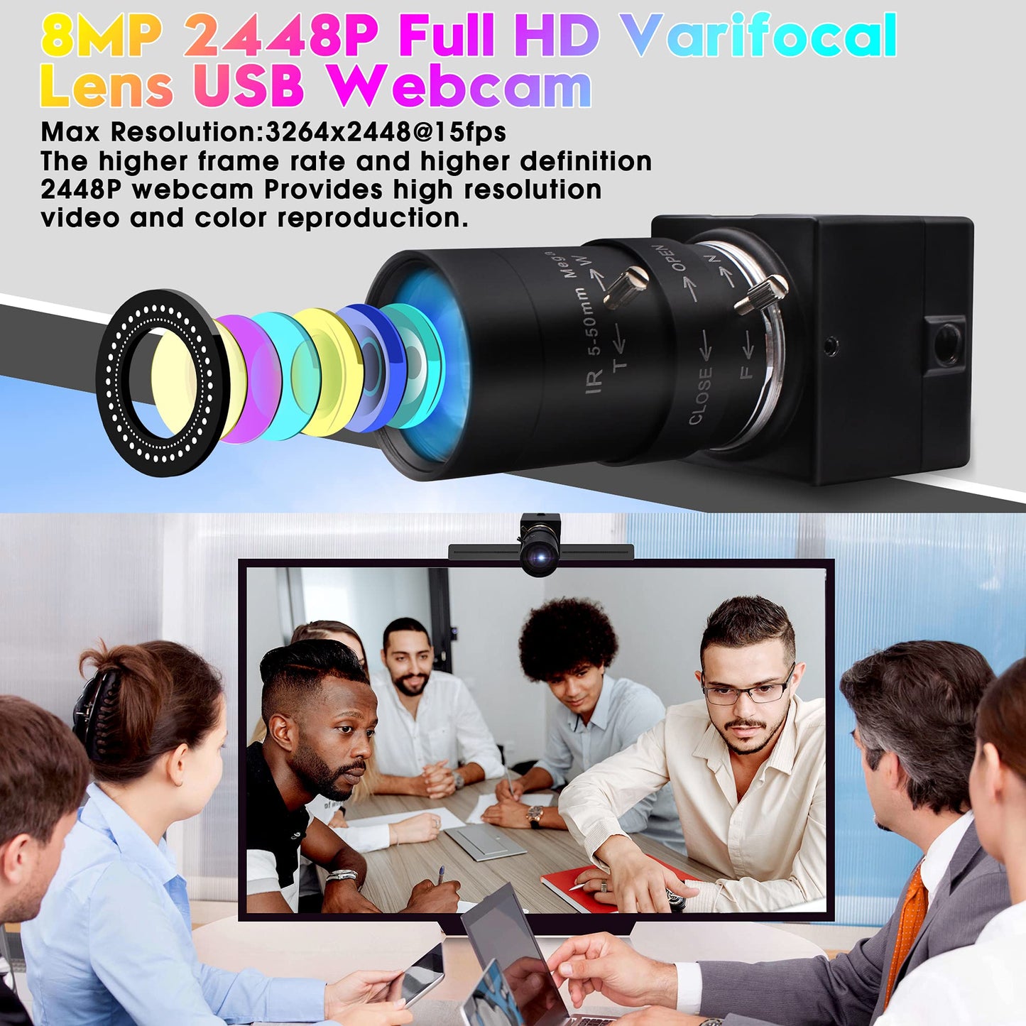 8MP USB Camera Manual Zoom 4K Webcam 5-50mm Variable Focus PC Camera for Computer Mini UVC USB2.0 Web Camera IMX317 Varifocal USB with Camera Industrial Video Close-up Camera for Laptop Android Mac