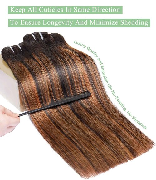 mlip Raw Bundles Human Hair Straight, No Tangle Shedding, Keep Texture Silky Soft After Multiple Washes, 15A Raw Indian Hair Bundles 14 Inches, Brown Highlight Bundles