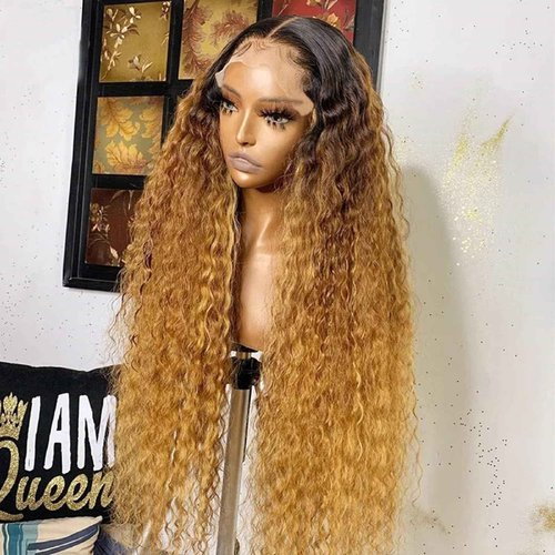 Labamiya 30 Inch Omber Blonde Human Hair Wig Ombre Blonde T1B/27 Curly Wave Lace Front Wigs Human Hair 13X4 HD Pre Plucked with Baby Hair 200% Density