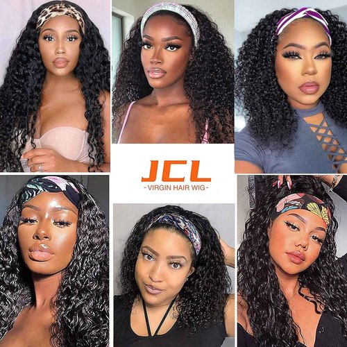 JCL Curly Headband Wig Human Hair Headband Wig 180% Density 12A Glueless Wigs Human Hair 16 Inch Headband Wigs Curly Wave headband Wig Natural Color Human Hair Wigs for Black Women Human Hair