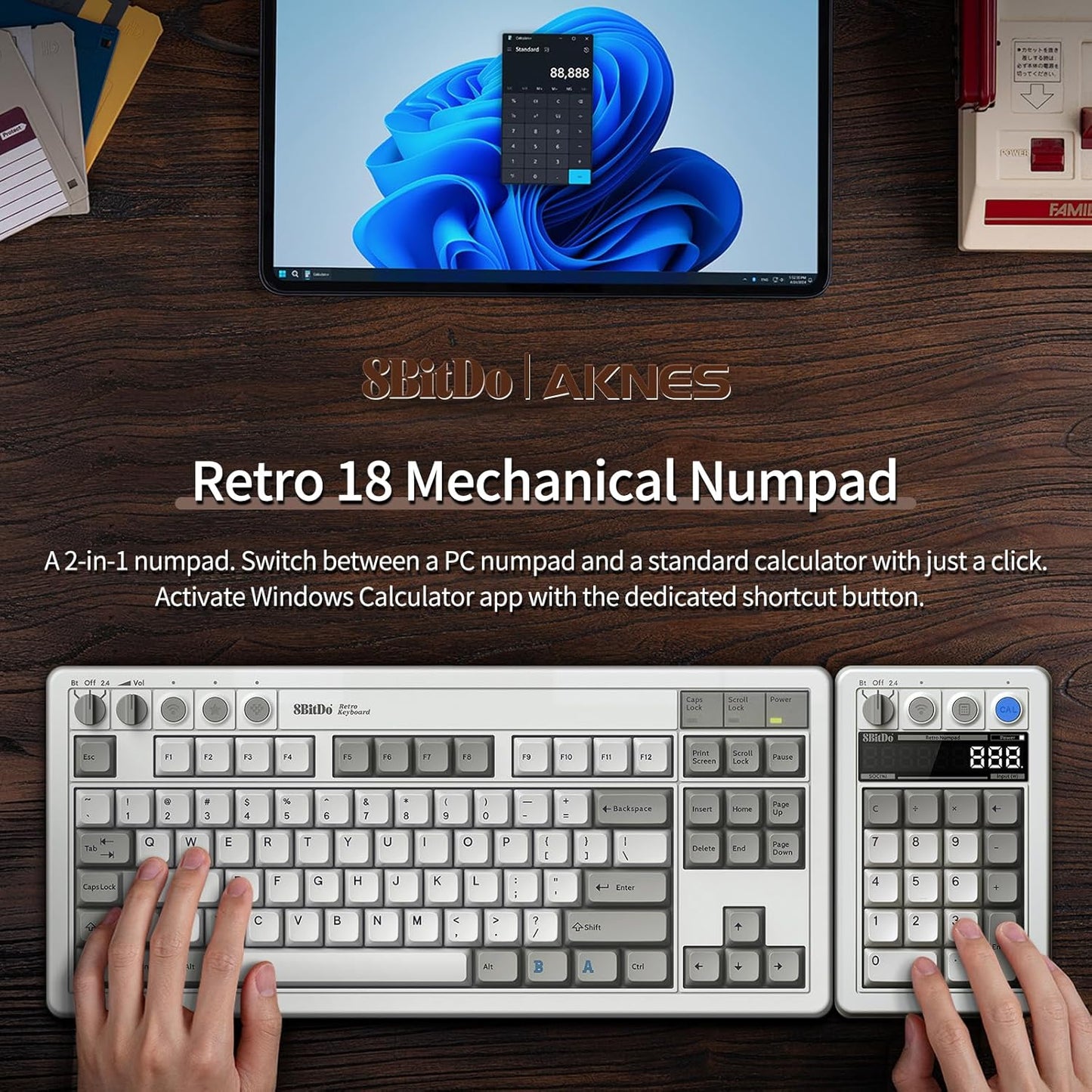 AKNES 8BitDo Retro 108 Mechanical Keyboard, Hot Swappable Gaming Keyboard with 108 Keys, Integrated Numpad, Dual Super Buttons, Bluetooth/2.4G/USB-C for Windows & Android - Fami Edition