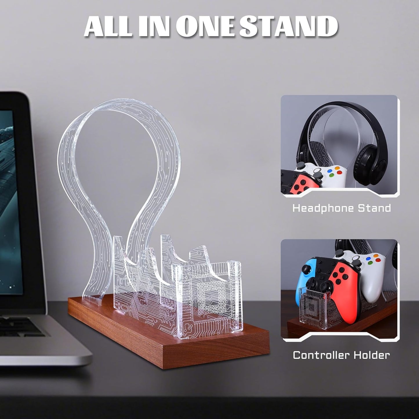 YuanDian Gamer Gifts for Teenage Boy, Desk Gaming Headset and Controller Stand with Blue Pink LED Night Light, Acrylic Wooden Controller Holder with PCB Pattern, Desk Decor Gift