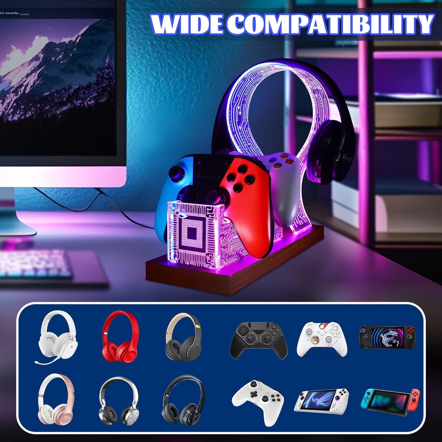 YuanDian Gamer Gifts for Teenage Boy, Desk Gaming Headset and Controller Stand with Blue Pink LED Night Light, Acrylic Wooden Controller Holder with PCB Pattern, Desk Decor Gift