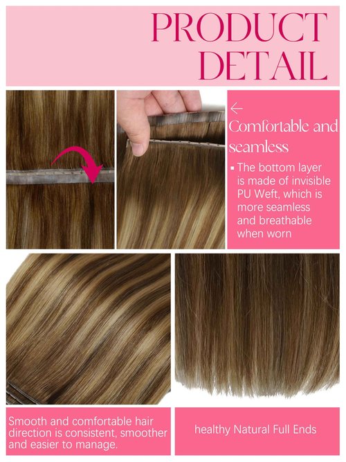 Lacer Double Invisible Weft PU OVO Human Hair Extensions 16in Butterfly Extensions Human Hair Chocolate Brown To Caramel Blonde With Brown Roots Glueless Micro Beads Tape Width 31.5" For Women 100g