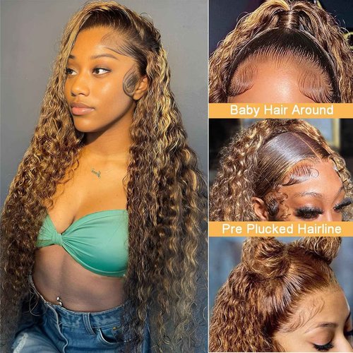 TESCOGOYS 4/27 Ombre Highlight 13x6 Lace Front Wig Human Hair 30inch Honey Blonde Deep Wave Lace Front Wigs Pre Plucked With Baby Hair 180% Density Curly Glueless Lace Front Wigs(30Inch)
