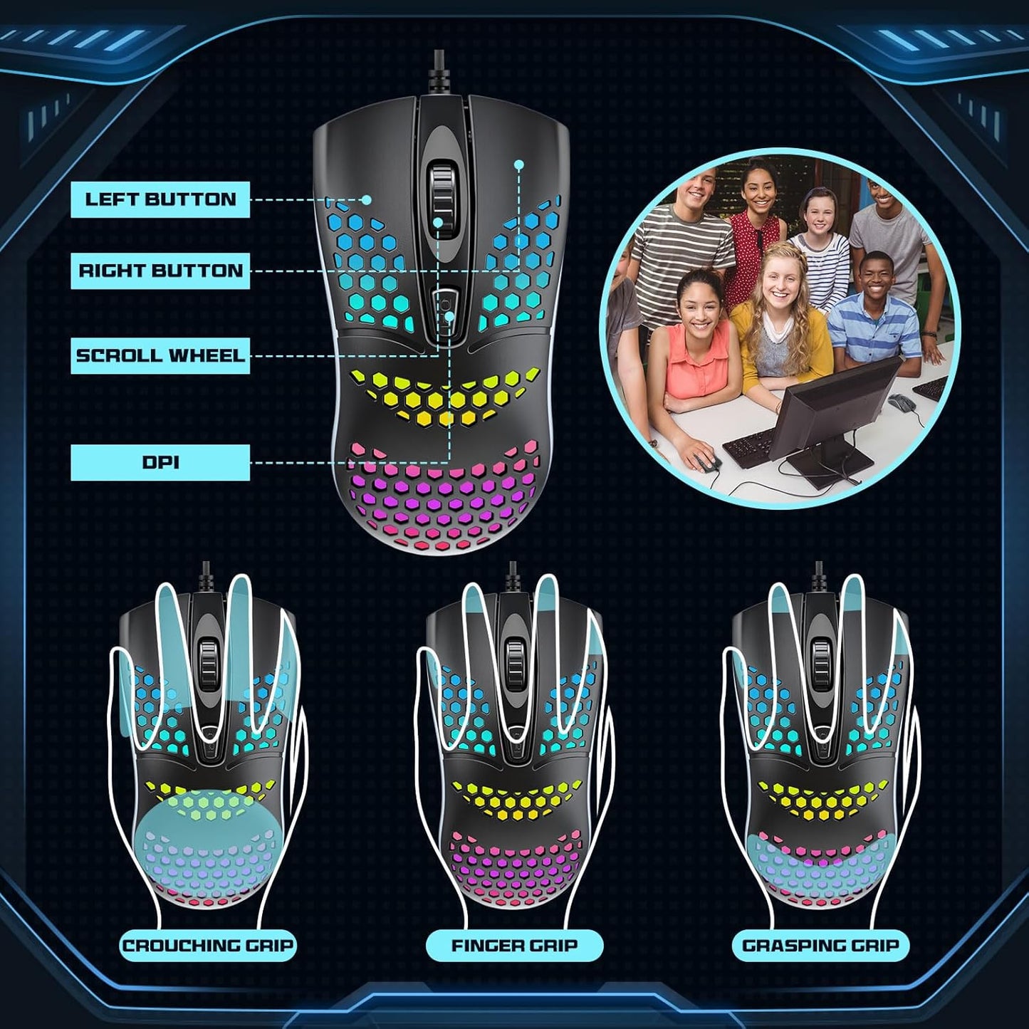 8 Pack USB Wired Mouse Computer Mouse with RGB Lighting 3 Adjustable Dpi Ergonomic Optical Office Corded Mice for PC Desktop Laptop Computer Office School Home Classroom Supplies