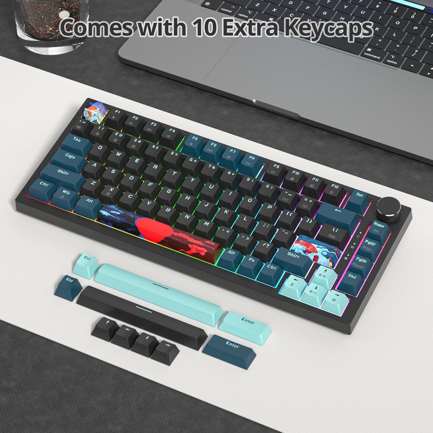75% Mechanical Gaming Keyboard with Volumn Knob, Gasket Hot Swappable RGB, Wired, Red Switch, 82 Keys Compact Creamy (Black Grey)
