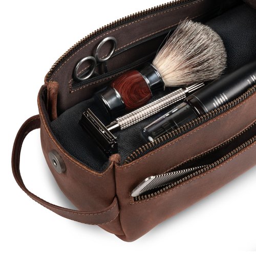 Hide & Drink, Toiletry Bag w/Handles, Hygiene Organizer, Travel Dopp, Razor Case, Bathroom, Shaving, Cosmetic Storage, Travel & Grooming Essentials, Full Grain Leather, Handmade, Bourbon Brown