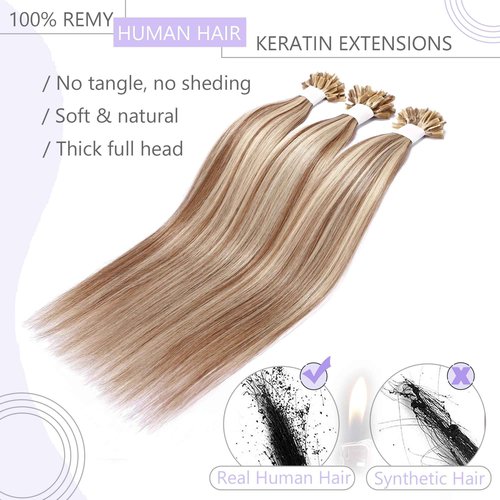 SEGO U Tip Hair Extensions Real Human Hair Pre Bonded Keratin Fusion Nail Tip Balayage Natural Silky Straight Extensions 50 Strands 50g/Pack -18 Inch Golden Brown&Bleach Blonde
