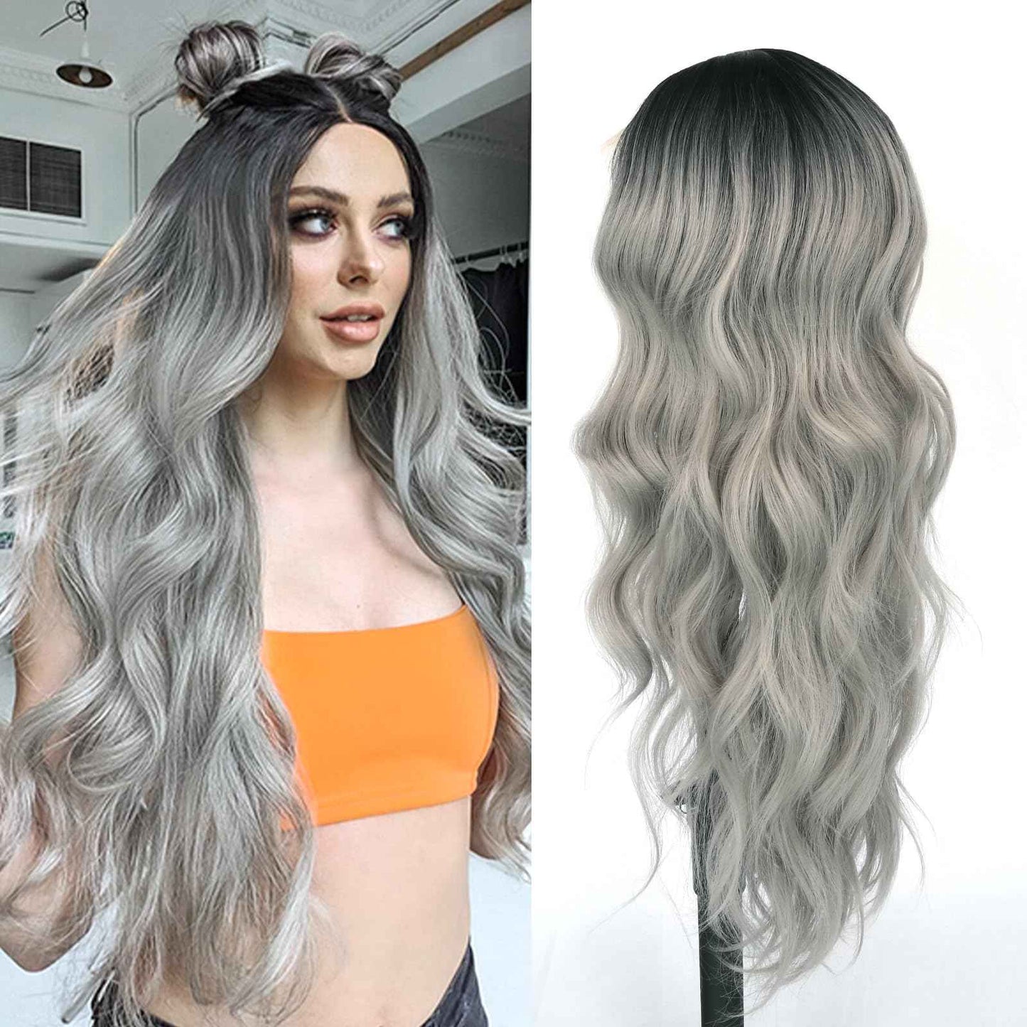 Oxeely Ombre Gray Synthetic Lace Front Wigs Long Wave Wigs Natural Looking Glueless Synthetic Lace Wigs Heat Resistant Fiber Hair Ombre Silver Gray Wigs for Women Daily Use