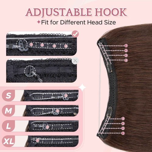 SEGO Invisible Wire Hair Extensions, Real Human Halo Hair Adjustable Wire Extensions, 2 Clips for Women Transparent Fish Line Extensions, Add Length, 18 inches, Dark Brown, 65g