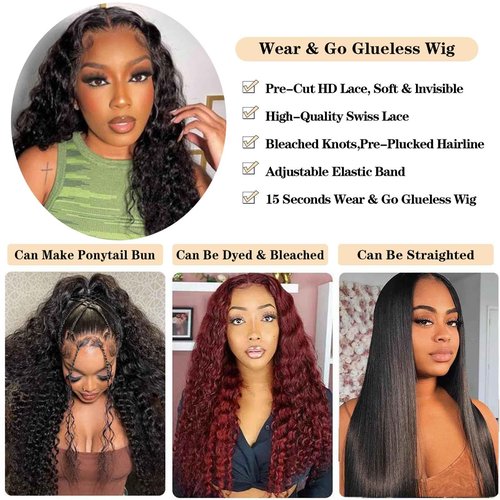 Wear and Go Glueless Wigs Human Hair Pre Plucked Pre Cut 5x5 HD Closure Wigs Human Hair Deep Wave Lace Front Wigs for Black Women 210% Dentisy 12A Deep Curly Glueless Wig Bleached Knots (24 Inch)