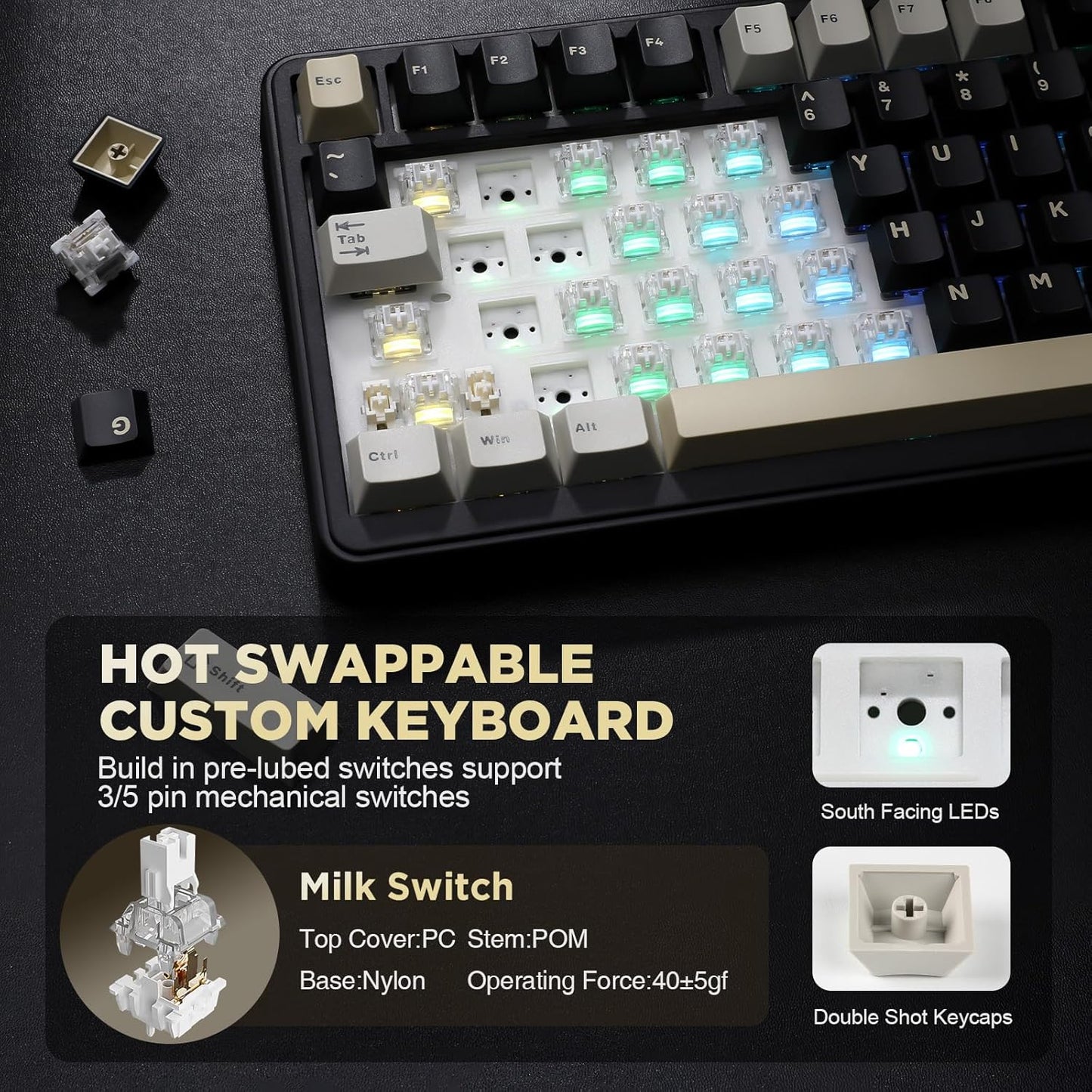 YUNZII B75 Mechanical Keyboard,75% Layout with Knob,Hot Swappable RGB Backlit Gasket Mounted, Creamy Typing, Double-Shot PBT Keycaps,Cherry Profile,for Win/Mac (White, Blue Grey Tactile Switch)