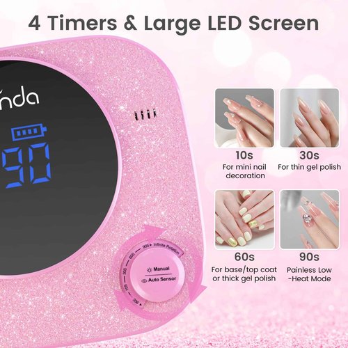 Lavinda 54W UV LED Nail Lamp, Professional UV Light for Gel Nails Rechargeable Cordless Nail Dryer with 4 Timer Settings & Auto Sensor, Fast Curing Gel Light for Home and Salon Use Diamond Dust Design