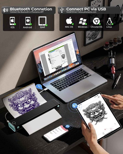 Itari M08F Wireless Tattoo Stencil-Printer - Tattoo Transfer Machine Thermal Copier with 10pcs Transfer Paper, Bluetooth Stencial Printer for Tattooing with a Case, Compatible with Smartphone & PC