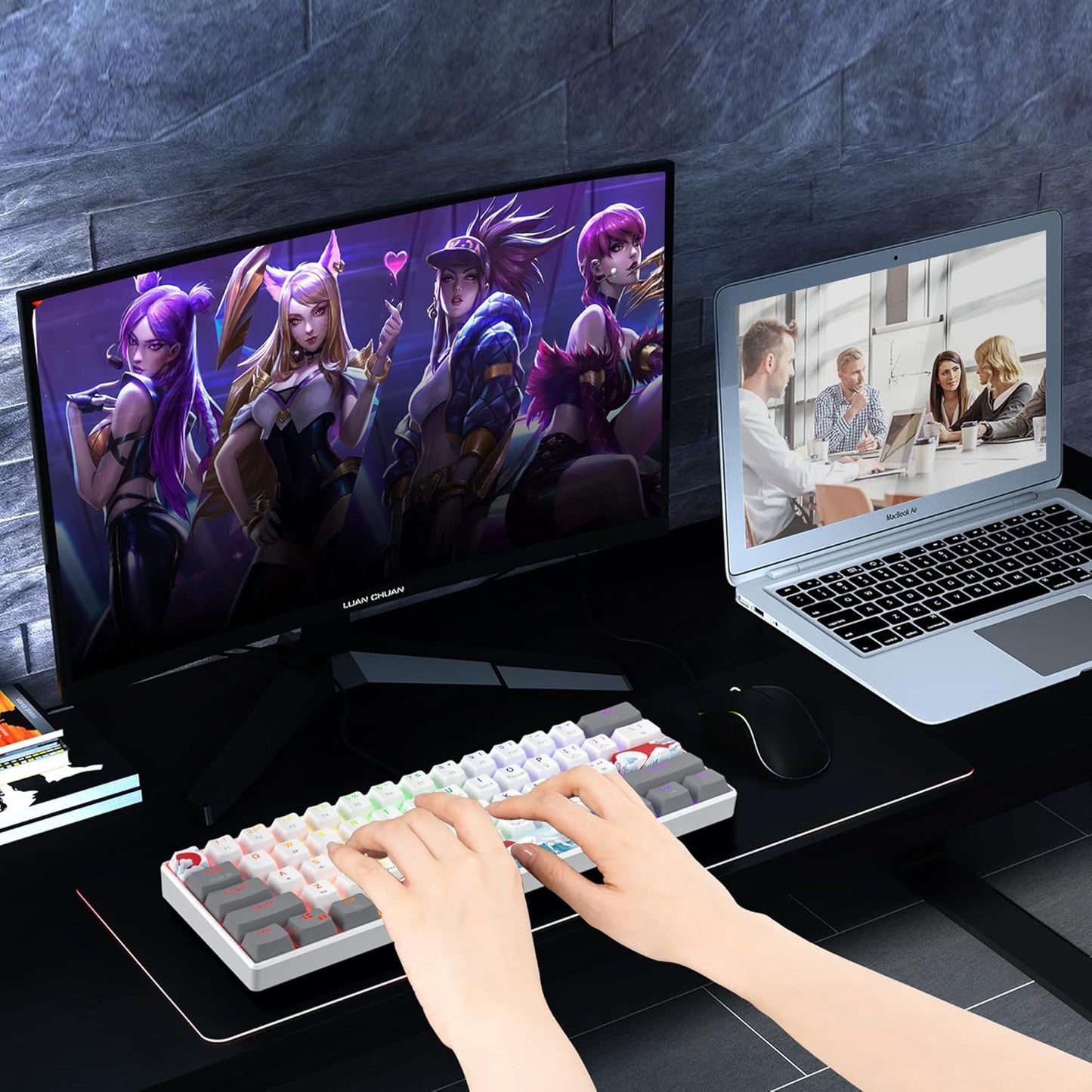 60 Percent Gaming Keyboard Mechanical with Linear Red Switch, 65% Wired Ultra-Compact Mini Keyboard Rainbow with PBT Keycaps for Ps4/Ps5/Xbox(68 MonsterB)