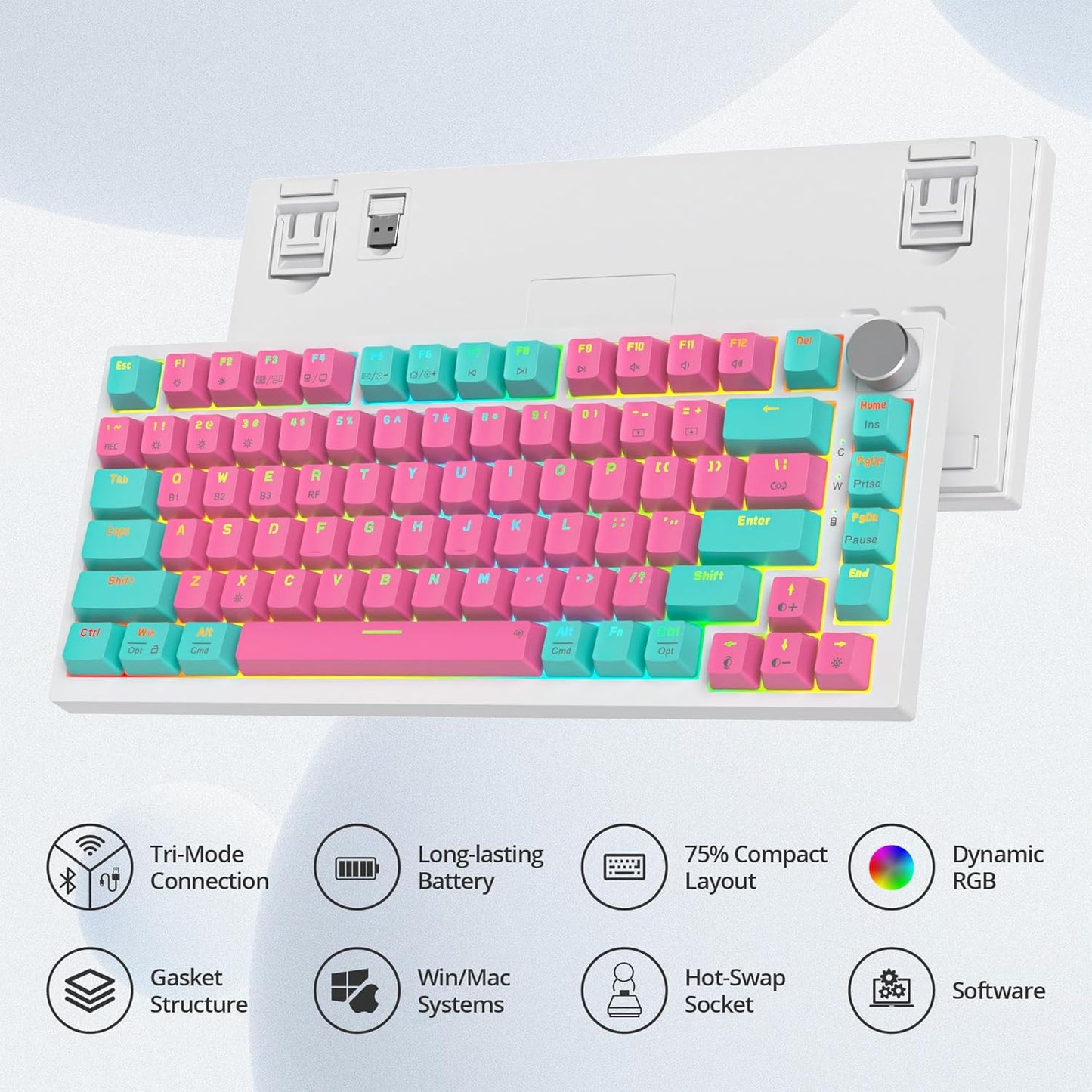 400PRO 75% Wireless Creamy Mechanical Keyboard Pink, Gasket Hot Swappable RGB Gaming Keyboard Bluetooth/2.4GHz/USB-C Cute Key Board with Pre-lubed Cream Grey Switches (82 Pink White)