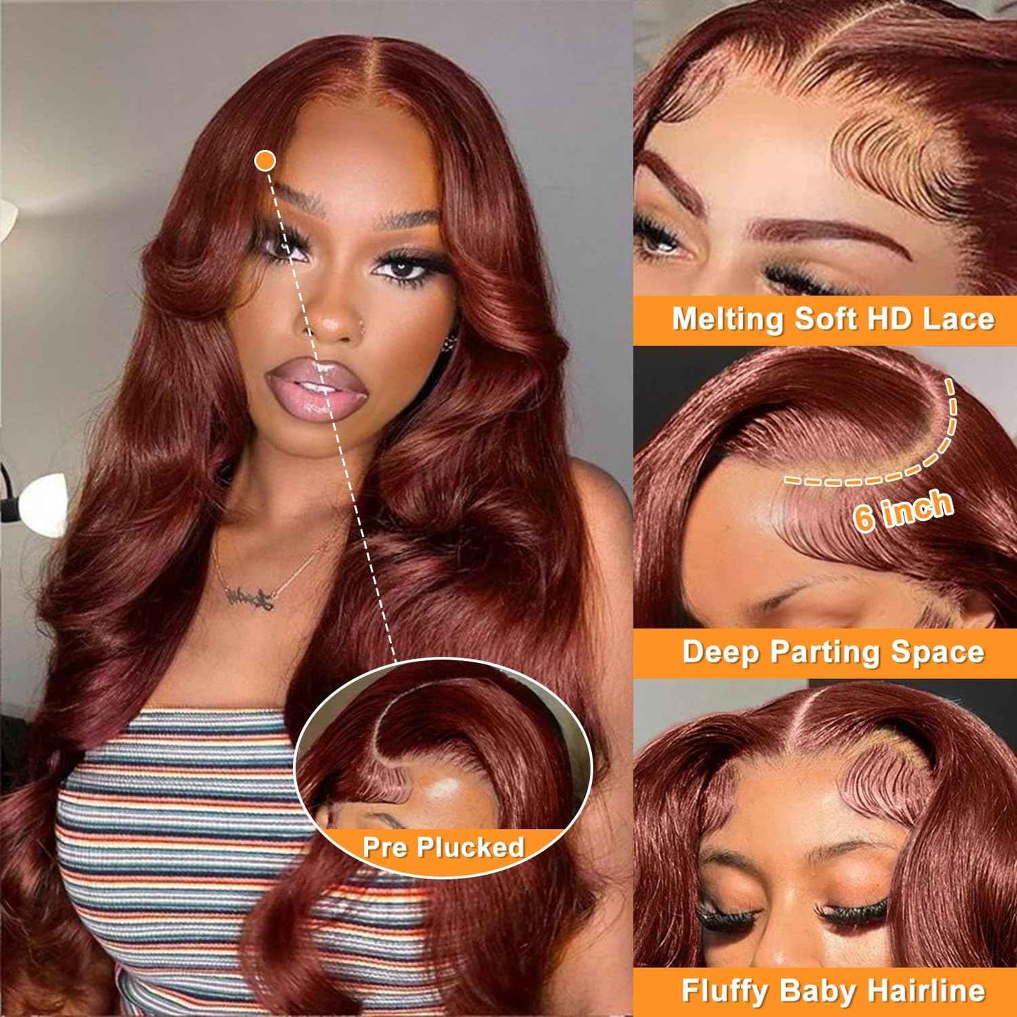 30 Inch 13x6 Reddish Brown Lace Front Wigs Human Hair Pre Plucked Body Wave 13x6 HD Lace Frontal Wig for Women 220% Density Auburn Brown Colored Frontal Wigs Human Hair