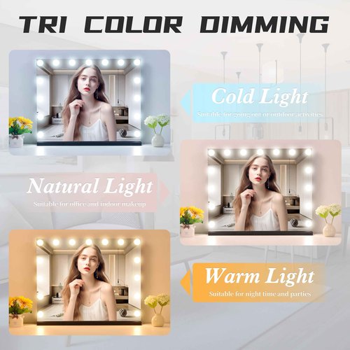 NUSVAN Vanity Mirror with Lights Lighted Makeup Mirror with 15 Dimmable LED Bulbs,3 Color Lighting Modes,USB Charging Port Touch Control,Sturdy Metal Frame Design 22.8x18 Inch,Black