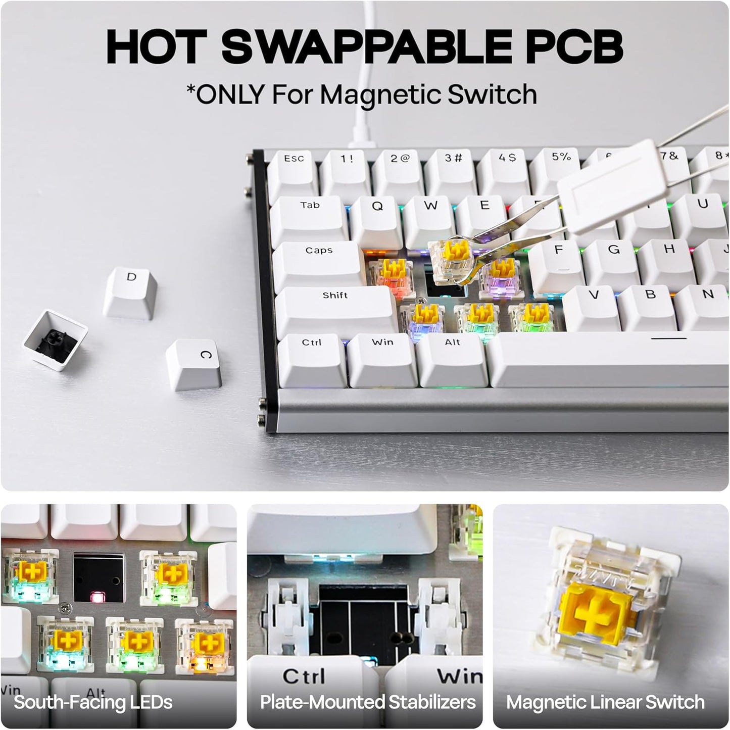 AJAZZ ALUX68 HE Aluminum Rapid Trigger Gaming Keyboard with Magnetic Switch, Wired Hall Effect Keyboard with 8K Polling Rate, 0.125ms Latency, RGB Backlight (White Topographic, ALUX68 MAX)