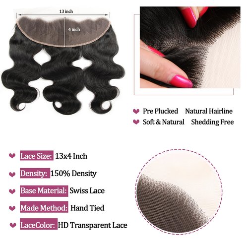 Human Hair Bundles with Frontal (14 14 16 16+14Frontal) 12A Body Wave Bundles with Frontal 13x4 HD Lace Frontal Brazilian Virgin Hair 4 Bundles with Frontal 150% Density Natural Color