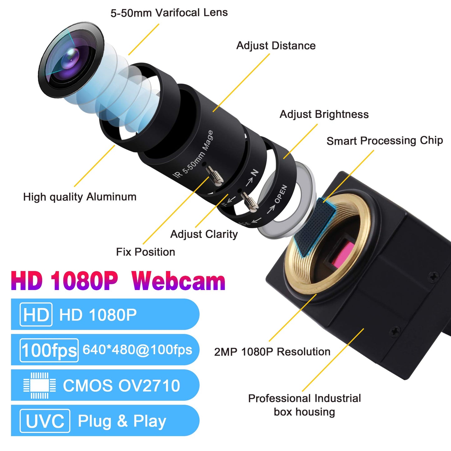 ALPCAM USB Camera 1080P 5-50mm Zoom Lens Camera,High Speed Camera USB 100fps Webcam for 3D Printer Camera Video Conference Camera Robot,2MP Plug and Play Webcam for Android Windows Mac