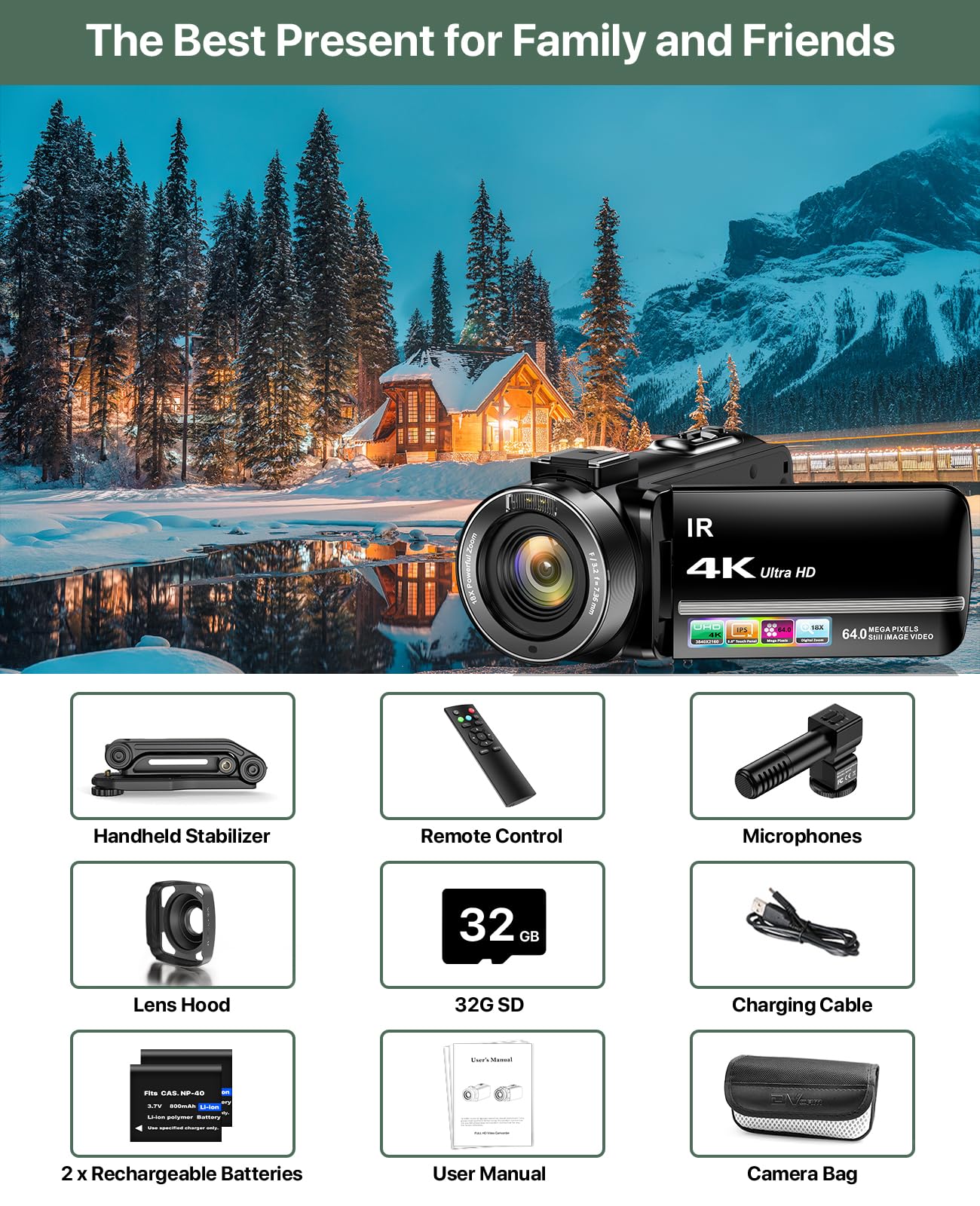 4K Video Camera Camcorder 64MP Vlogging Camera for YouTube 18X Digital Zoom 3.0''Touch Screen IR Night Vision with External Stereo Microphone,Handheld Stabilizer,Remote,Lens Hood,32G Card &2 Batteries