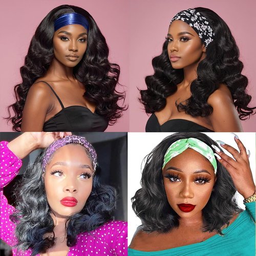 JCL Headband Wig Human Hair Body Wave Headband Wigs Human Hair Wig 14 Inch Human Hair Curly Wigs for Black Women Natural Color None Lace Front Wigs