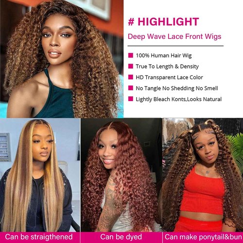 Yeeaak 13x6 Highlight Deep Wave Lace Front Wigs Human Hair Ombre 4/27 Curly HD Lace Frontal Wig for Women 180% Density Pre Plucked Glueless Honey Blonde Wig 18 Inch