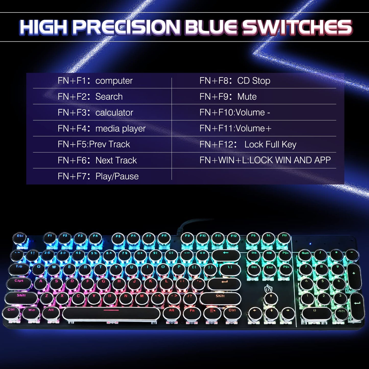 YSCP Typewriter Style Mechanical Gaming Keyboard RGB Backlit Wired with Blue Switch Retro Round Keycap 104 Keys Keyboard Compatible with Laptops/Chromebook/Desktop (Black 104 Keys RGB)