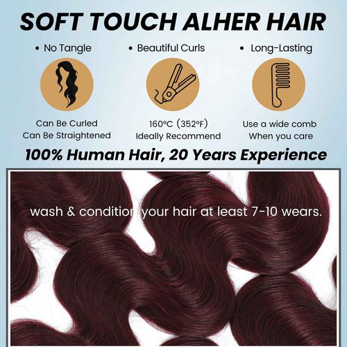 ALHER #99j Dark Burgundy Body Wave Bundles with 2x6 Closure, Purplish Wine Red Color 3 Bundles with 2x6 Long Deep Part Closure With Baby Hair, 100% Real Human Hair 10 12 14 +10 Inch
