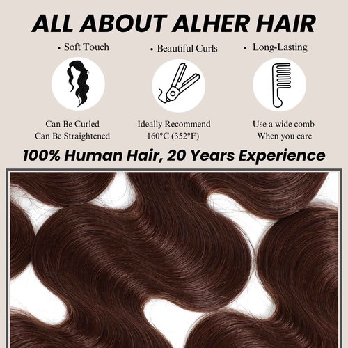 ALHER Color #4 Chocolate Brown Body Wave 13x4 Frontal Closure, 12A Wavy Free Part Melt 13x4 Lace Frontal, 100% Virgin Remy Human Hair Mocha Brown Hair Color Pre Plucked With Baby Hair Frontal 12 Inch