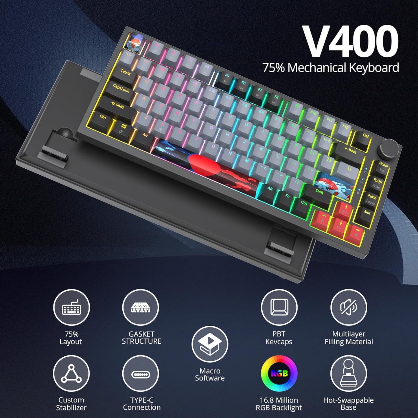 75% TKL Wired Mechanical Keyboard,RGB Backlit Gasket Mount 82 Key Hot Swappable Custom Linear Red Switch Gaming Keyboard with Volume Knob & PBT Keycaps (82 White Earth)