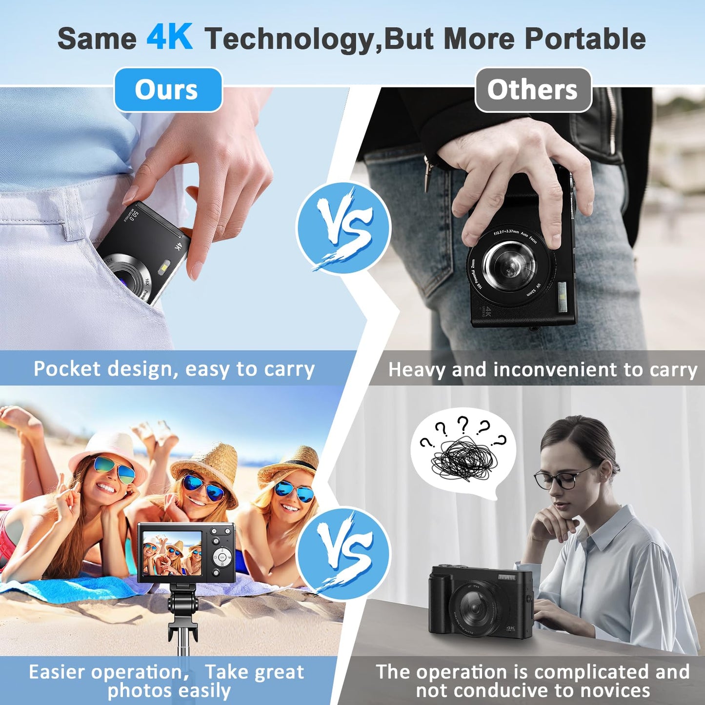4K Digital Camera, Autofocus Vlogging Cameras for Photography with 32GB Card, 50MP Portable Compact Point and Shoot Digital Camera for Beginner Teens Adult with 16X Zoom Anti-Shake, 2 Batteries
